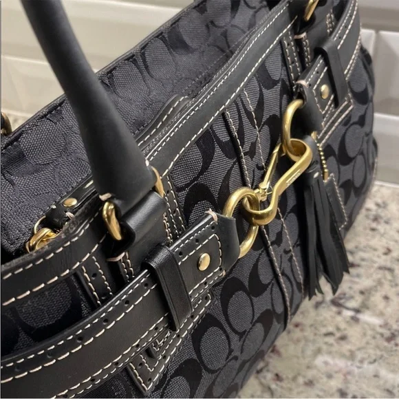 Coach Black Signature Shoulder Bag with Gold Accents